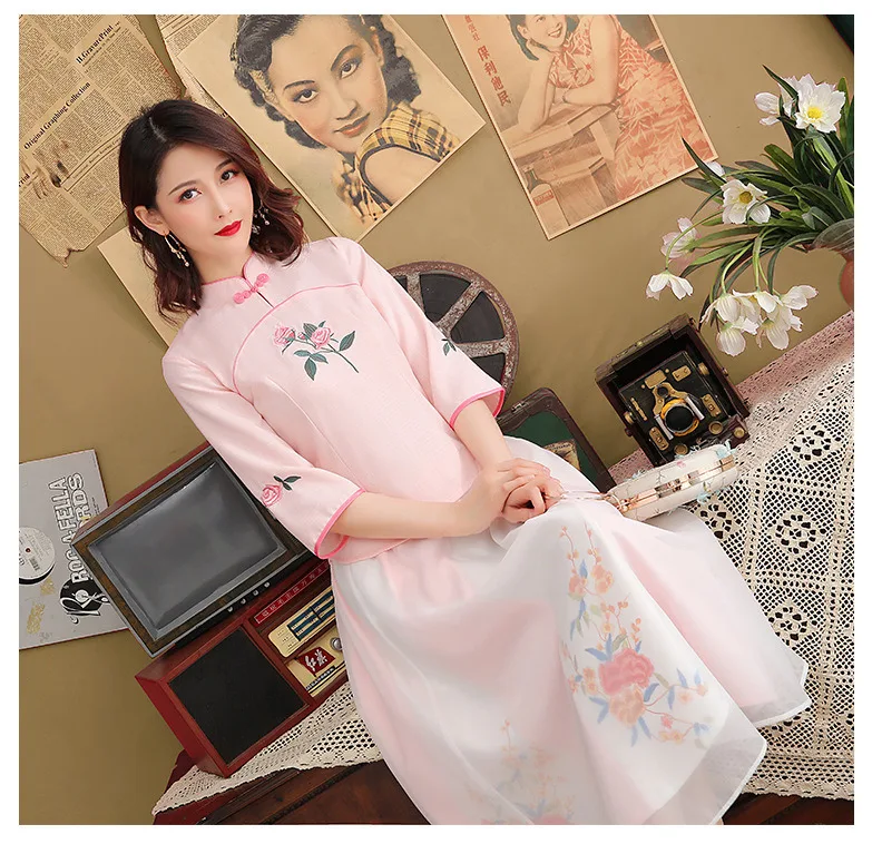 SHENG COCO традиционная китайская женская одежда хлопок Hanfu чехонг-костюм Элегантный вышитый современный розовый Roupa Восточный 3XL