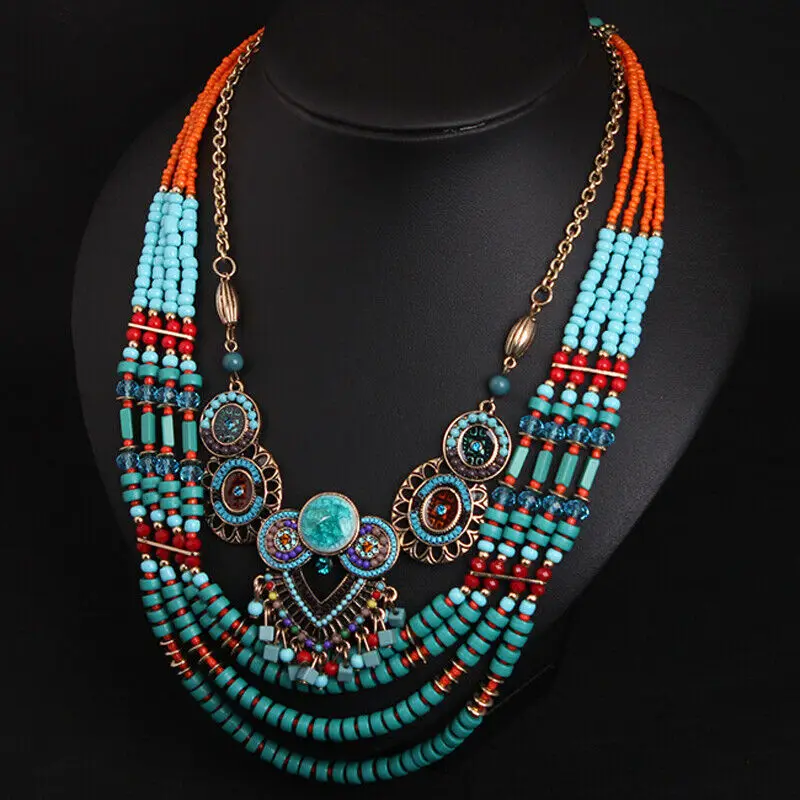 Retro Bohemia Statement Necklace Beads Layered Choker Bib Collar Pendant Necklaces Beaded Women Ethnic Boho Tribal Gypsy Jewelry | Украшения