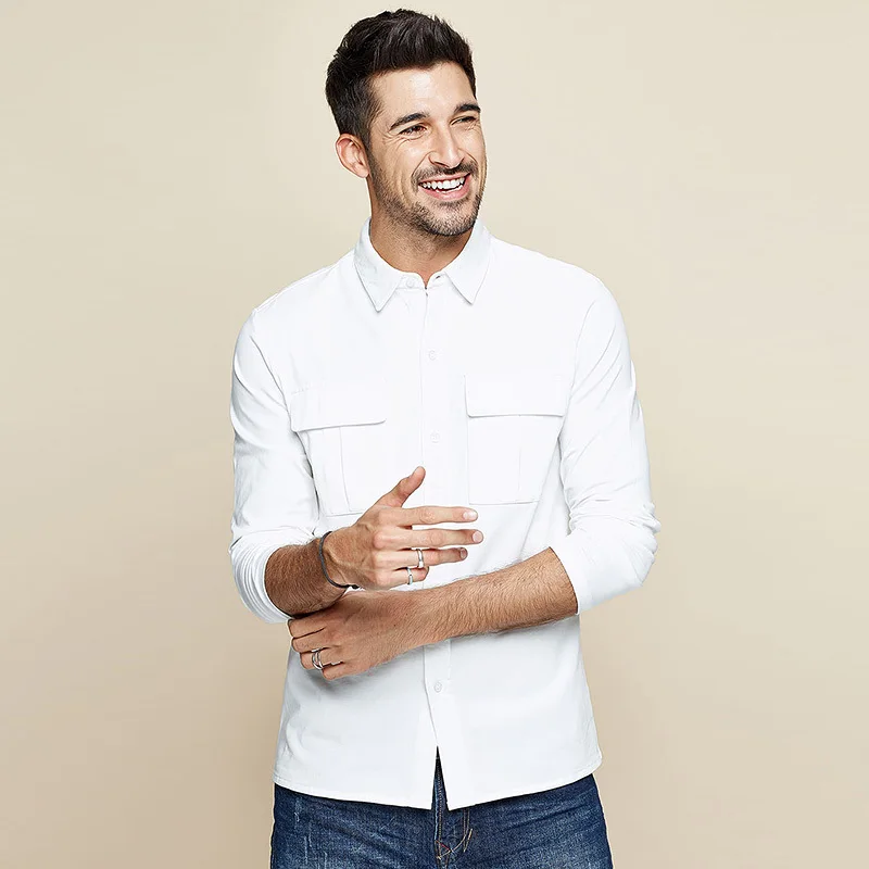 White KUEGOU Autumn Cotton White Pocket Shirt Men Dress Button Casual Slim Fit Long Sleeve Male Fashion Brand Blouse 7765 - Цвет: White