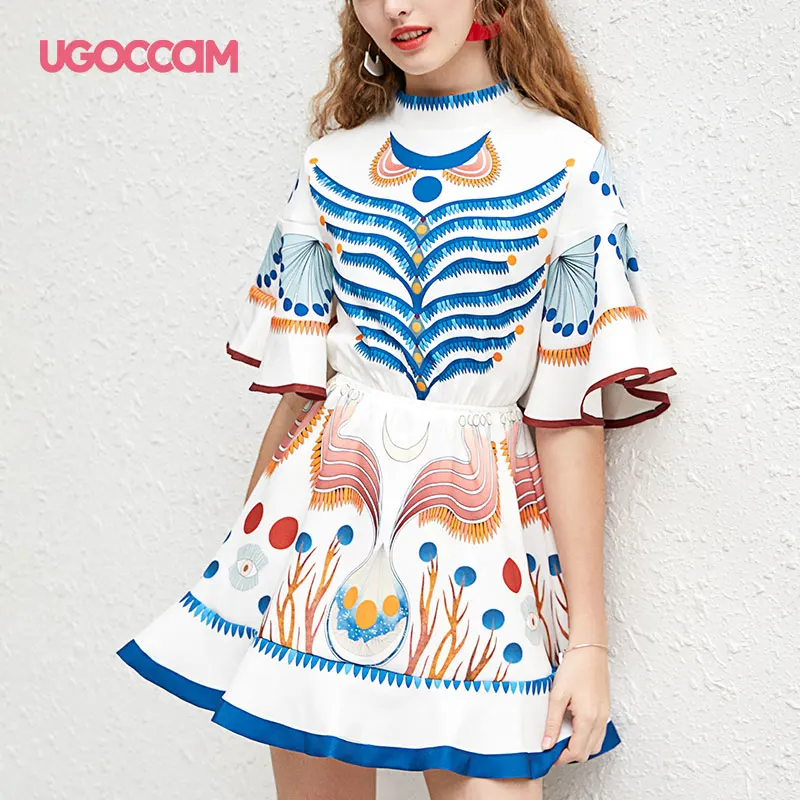UGOCCAM, винтажное платье, белое, фуфле, воротник-стойка, винтажное, богемное, корейское платье размера плюс, сарафан для женщин