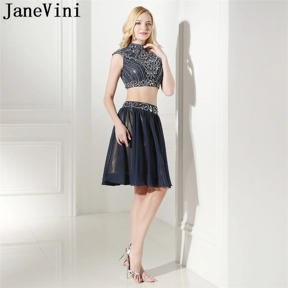 JaneVini Роскошные платья для выпускного вечера со стразами 2 шт. Короткое Темно-синее Расшитое Бисером, с высоким воротником шикарное Хрустальное окончание средней школы вечерние платья
