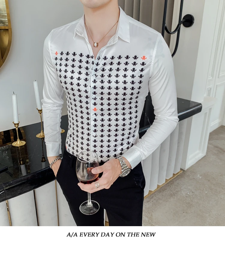 Camisa Hombre, осенняя мужская рубашка в британском стиле, мужская рубашка с длинным рукавом с индивидуальным принтом, тонкая мужская Роскошная Клубная рубашка-смокинг