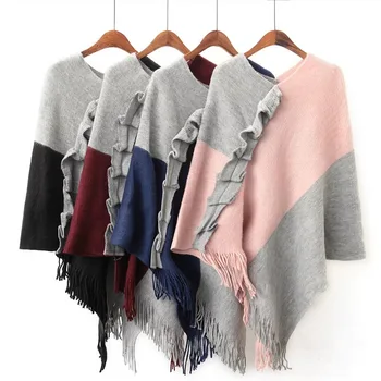 

Ruffles Pink Gray Knit Stole Loose V-Neck Tassel Poncho Women Capes Patchwork Scarves for Women Large Shawl Ladies Pullover Wrap