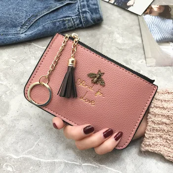 

2020 new Woman Litchi pattern Wallet Luxury Design Honeybee Decor Coin Purses Ribbon Ring Key Holder Mini ID Credit Card Bags