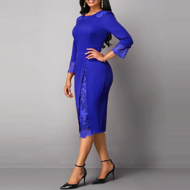 MISSJOY Solid Color Plus Size Dresses Women Embroidery Patchwork Three Quarter Sleeves Lace Autumn Party Red Elegant O-Neck