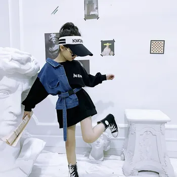 

Baby girl denim patchwork dress children letter print casual dress kids fashion belt outfit long desige ddress 3-12Y ws1424