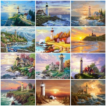 

HUACAN DIY Painting By Number Lighthouse Drawing On Canvas Pictures By Numbers Sea Hand Painted Paintings Scenery Art Home Decor