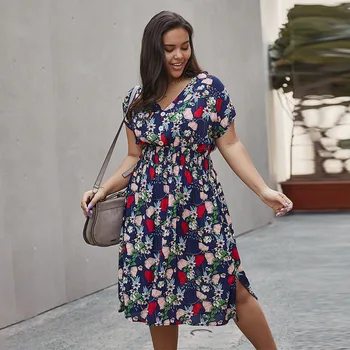 

Plus Size Floral Printed Women Dress Short Sleeve A-Line V-Neck Split Button Knee-Length Casual Summer Dress Robe Femme 2020