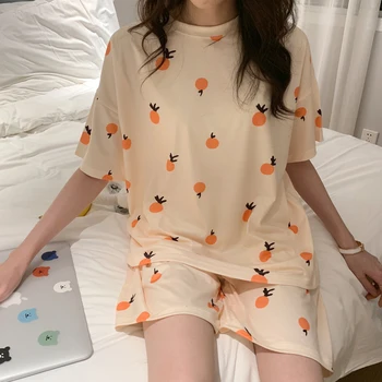 

2020 Loose Casual Sleepwear Cute Summer Pajamas Set For Women Sweat T-Shirts and Shorts Orange Fruit Print Girl Pjs Homewear