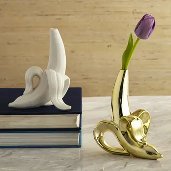 

Scandinavian Creative Home Ceramic Matte White Gold Banana Pendant Vase Table Small Mouth Vase Flower Jar Sitting Banana Model