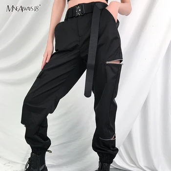 

Mnealways18 Gothic Hollow Out Trouser Zippers High Waist Cargo Pants Women Loose Sweatpants Black Irregular Trousers Pants 2020