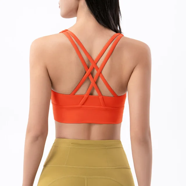 Lulu Classic Solid Color Cross Back Women Sport Bra Fitness Tank Top Shockproof Run Tight Yoga Vest No Steel Ring With Chest Pad Orange
