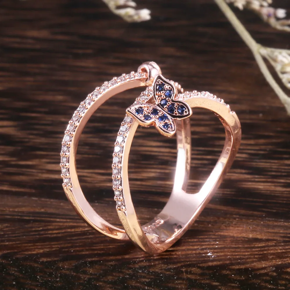 Милый женский маленькая бабочка, носки с милыми животными: кольцо 18KT розовое золото Обручение кольцо Винтаж обручальные кольца для Для женщин