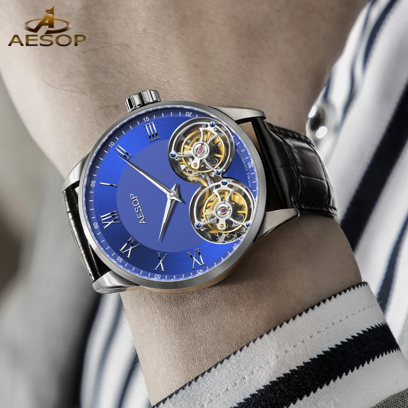 Aesop Double Tourbillon Movement Watch For Men Luxury Sapphire Mechanical Business Waterproof Watches Mens zegarek męski