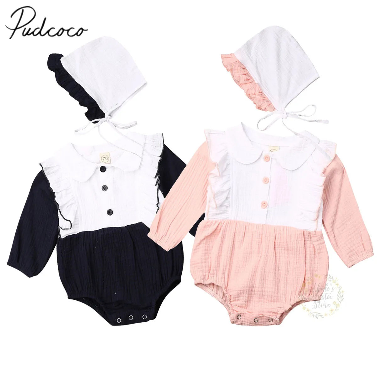 

2019 Baby Spring Autumn Clothing Newborn Toddler Kids Baby Girl Patchwork Rompers Ruffled Long Sleeve Ruffle Romper Jumpsuit Hat