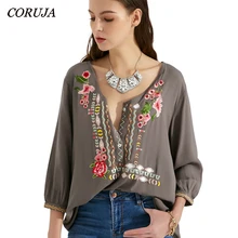 CORUJA Чешская мексиканская цветочная вышивка плюс размер Свободная одежда блузка женская