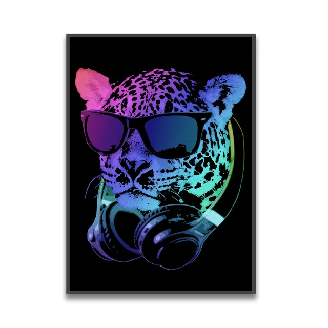 Neon style cool Dj animals Leopard Dog Orangutan Wall Art Canvas Poster Print Picture Home Living Room Decoration Painting AA-401