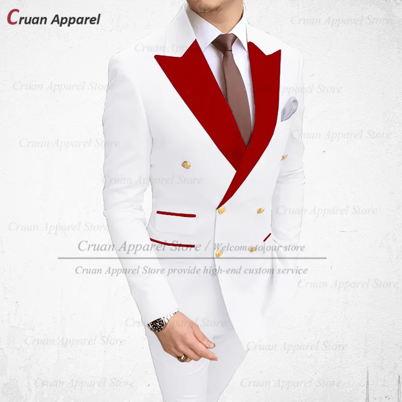 Ensemble de olympiques de mariage pour hommes, smoking de marié, coupe couvertes, blazer à revers en velours rouge, pantalon sur mesure, grande taille, blanc, 2022 mn, 2 pièces