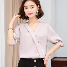 Korean Silk Blouse Women Satin Blouses Shirts Woman Beading V Neck Blouse Shirt Plus Size Blusas Mujer De Moda 2020 Ladies Tops