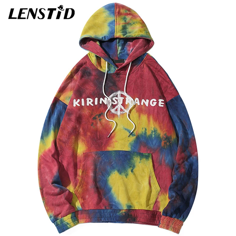 

LENSTID Men Hip Hop Graffiti Oversize Tie Dye Hoodie Peace Sign Streetwear Harajuku Pullover Hoodies Autumn Hooded Sweatshirts