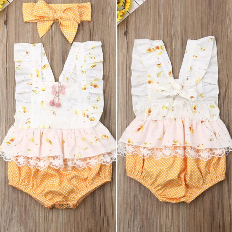 

2019 Newest Hot 2PCS Newborn Infant Floral Baby Girl Sleeveless Flower&Dots Lace Bodysuits Jumpsuit Clothes Set