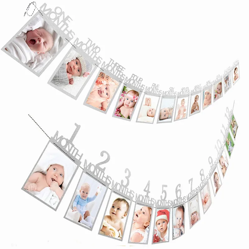 

12 Months Photo Frame Banner First Happy Birthday Decorations 1st Baby Boy Girl My 1 One Year Party Supplies Gold Pink Silver
