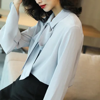 

light grey chiffon silk office blouse womens shirts and blouses 2020 summer elegant sexy boho hron sleeve plus size loose