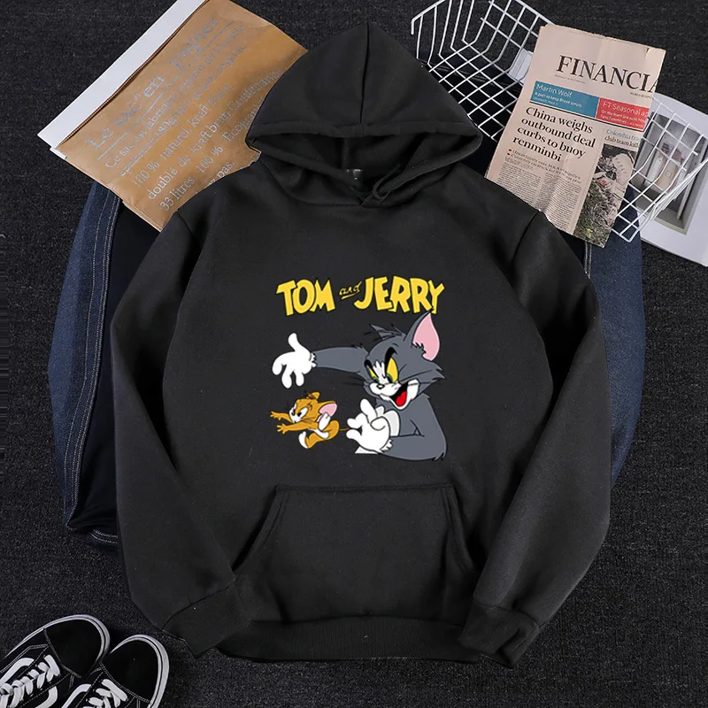 Женская толстовка с капюшоном Tom& Jerry, шапка, пуловер, мультяшная Милая толстовка с капюшоном, спортивный костюм Harajuku, эстетическая толстовка с капюшоном большого размера - Цвет: Черный