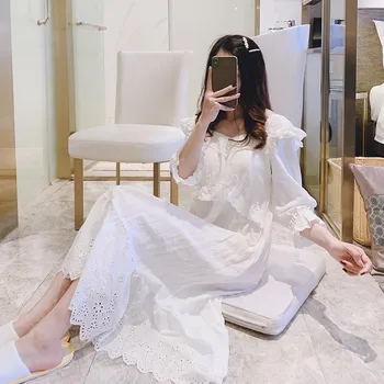 

Autumn Princess Vintage Bathrobes For Women Sexy Lace Hem Mid Long Nightdress Morning Sleeping Gown Female Home Clothes Nighty