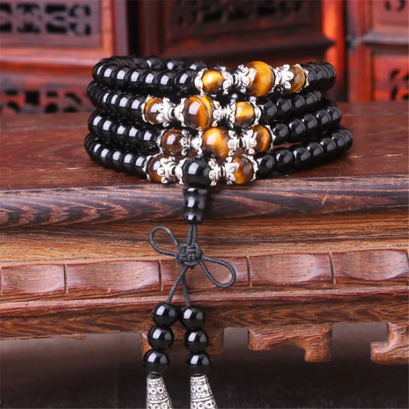 108 Beads Obsidian Beaded Prayer Mala Rosary Bracelets Men Buddhist Buddha Meditation Tiger Eye Stone Wood Bracelet For Women