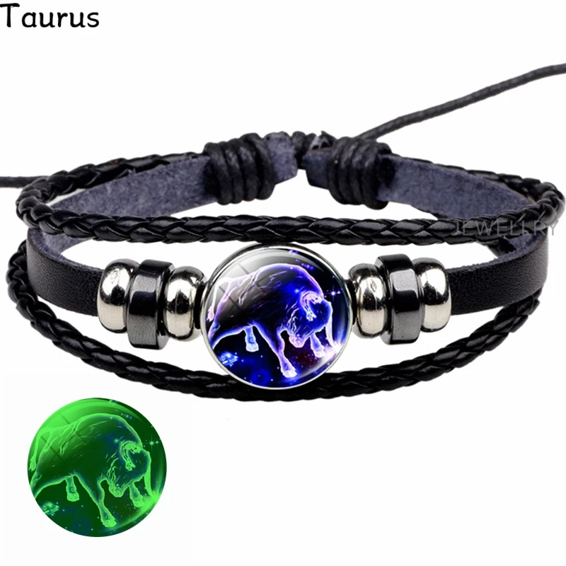 Taurus Светящийся браслет Созвездие панк светящиеся украшения черный кожаный тканый браслет светится в темноте Знак зодиака светящийся браслет - Окраска металла: Taurus