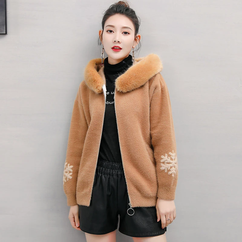 Autumn Winter Women Elegant Loose Hooded Faux Mink Fur Knit Cardigan Sweater Female Casual Embroidered knitted Jacket X106