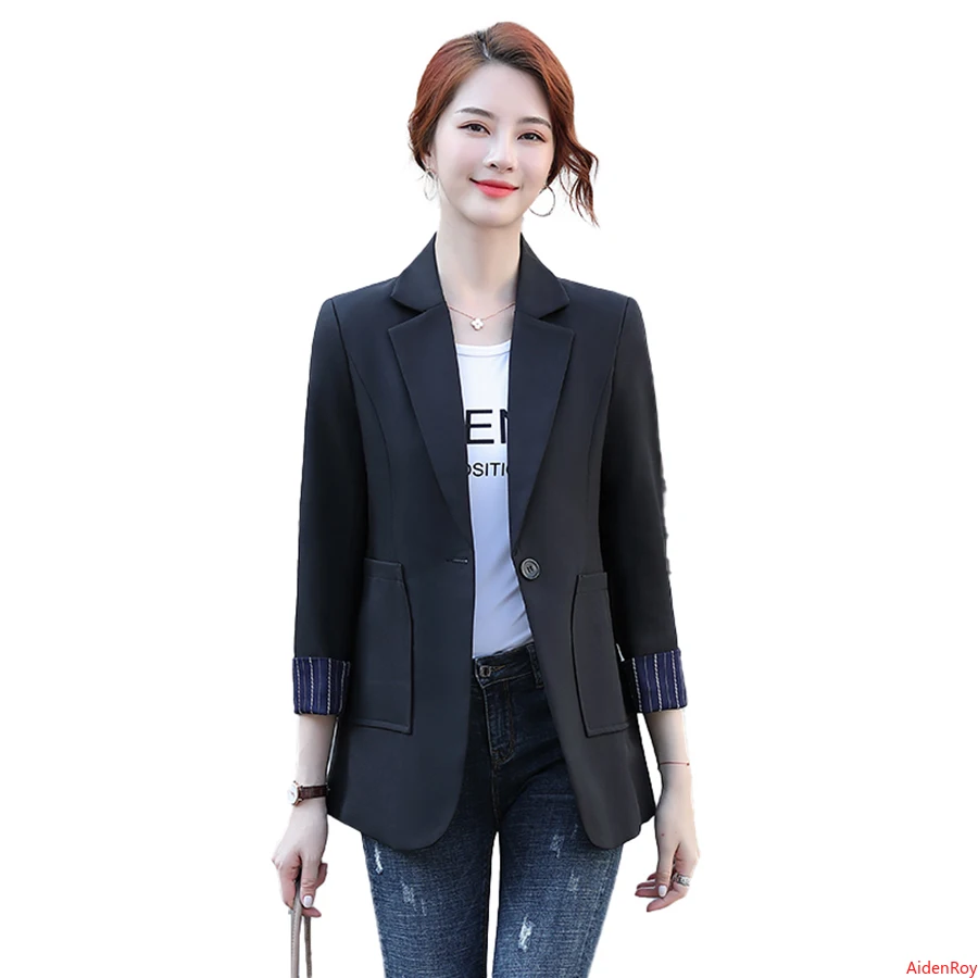 

2020 Office OL Women's Blazer Black Khaki Gray Office Lady Single Button Stitching Color Long Sleeve Blazers and Jackets Coat