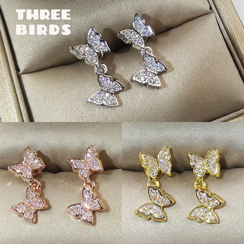 Крошечные трендовые серьги-гвоздики с кубическим цирконием и двумя бабочками, роскошные Качественные серьги-гвоздики с камнями Cz для женщин, ювелирные изделия для девочек
