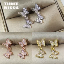 Крошечные трендовые серьги-гвоздики с кубическим цирконием и двумя бабочками, роскошные Качественные серьги-гвоздики с камнями Cz для женщин, ювелирные изделия для девочек