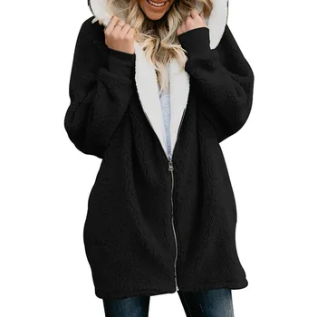 

Autumn Winter New Women Casual Long Solid Fur Coat Zip Pocket Hooded Fluffy Long-sleeved Warm Khaki Black Gray Lamb Overcoat