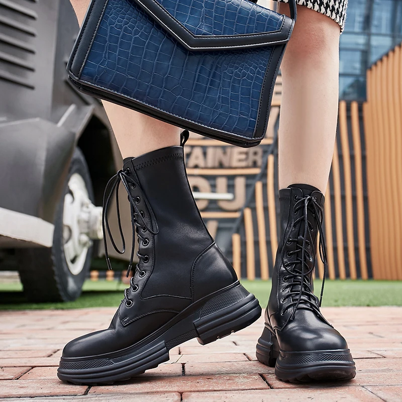 Women's genuine leather lace-up platform flats Motorcycle boots high quality autumn waarm plush mid-calf boots shoes for women