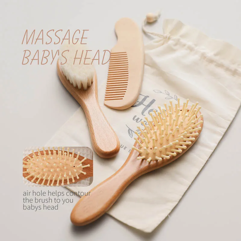 Custom Baby Hair Comb Wooden Handle Natural Soft Wool Brush Infant Boys Girls Shower Soft Wool Hair Brush Newborn Massage Comb hair comb hair brush comb