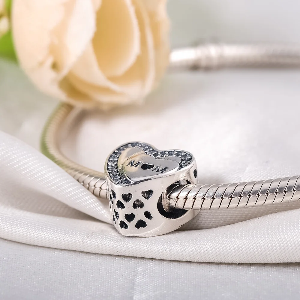 DIY Серебряный Шарм подходит к оригинальному браслету Pandora бусины 925 пробы серебро любовь болтаются Шарм Сердце, мать, дочь, сердце из бисера