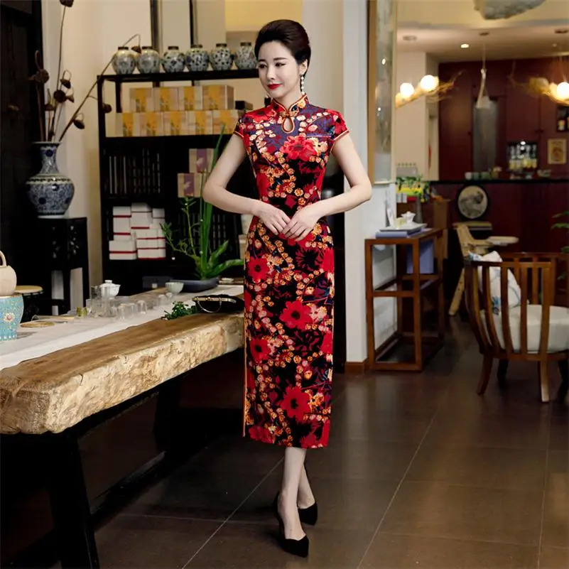 Пуговица ручной работы Qipao осень зима велюр Винтаж китайский воротник Qipao длинные Чонсам Размер L-5XL - Цвет: 1733