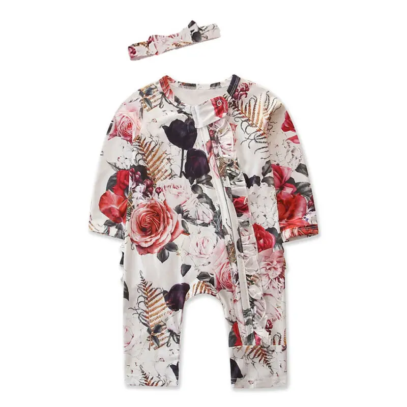 Newborn baby girl romper rose ruffled long sleeve zipper jumpsuit + headwear comfortable newborn girl clothes