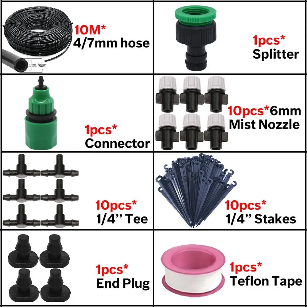 KSL01-KIT069-10M 5 м/50 м, садовый капельный полив, набор для орошения, система для теплицы с 4/7 мм шлангом, 4-полосный разветвитель, разбрызгиватель, тройник - Цвет: KSL01-KIT069-10M