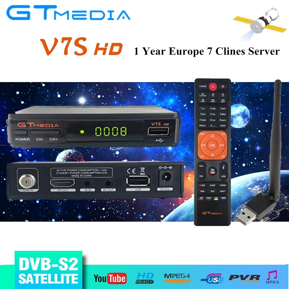 GTMEDIA V7S HD full HD спутниковый ТВ приемник USB 2,0 64 М бит последовательная вспышка Поддержка бесплатно 1 год cccam
