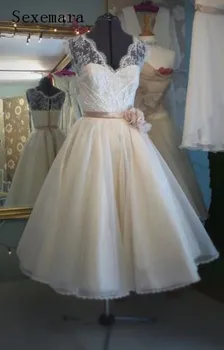 

Newest Design Custom a-line V-Neck Flower Lace Tea Length Short Bridal Gowns 2018 vestido de noiva longo Bridesmaid Dresses