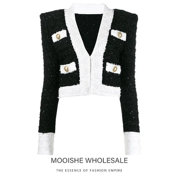 

mooishe spring women black short jacket long sleeve v neck cardigan gold button Tweed blazer