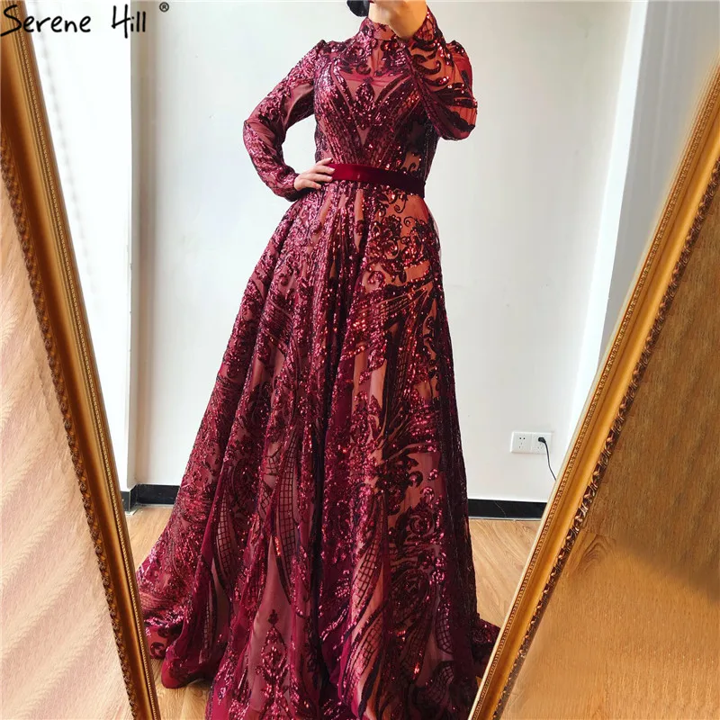 

Muslim Full Cover Wine Red Sparkle Prom Dresses 2019 Long Sleeve Sequined Luxury A-Line Prom Gowns Real Photo BLA60799