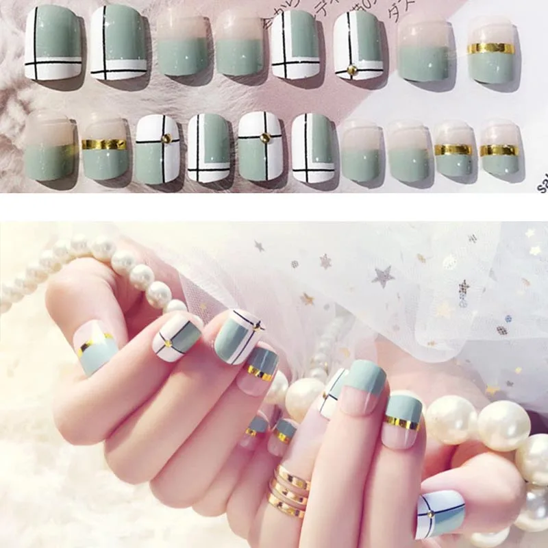 New 24pcs Women Fake Nails Simple Strip Pattern DIY Manicure False Nails Decals SCI88