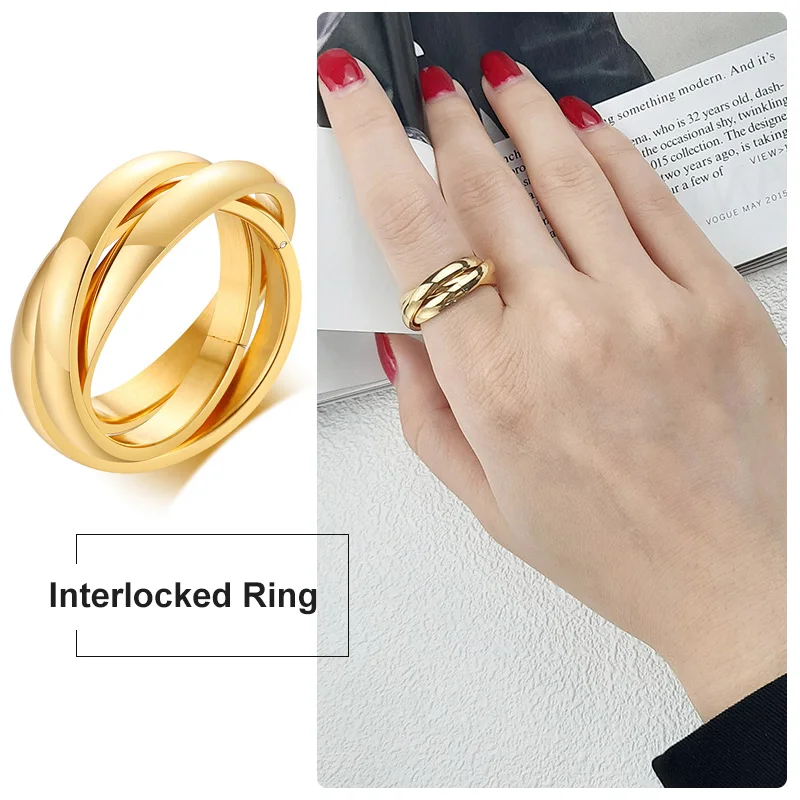 Charm Damen Ringe Triple Interlocked Rolling Ring Edelstahl Gold Farbe Weihnachtsschmuck