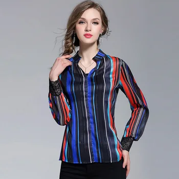 

Fashion Women Striped Blouse Spring Autumn Long Sleeve V-neck Chiffon Shirt Office Lady Work Wear Elegant Tops and Blouses