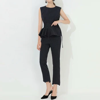 

HIGH QUALITY Newest 2020 Designer Runway Suit Set Women's Striped Belted vest pants Set
